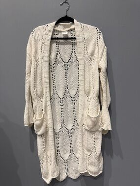 Open-Front Crochet Longline Cardigan Sweater - Ivory